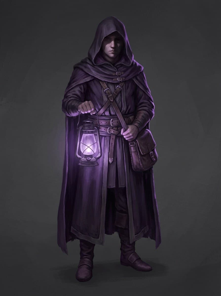 The hooded figure, lantern in hand, as drawn for the game