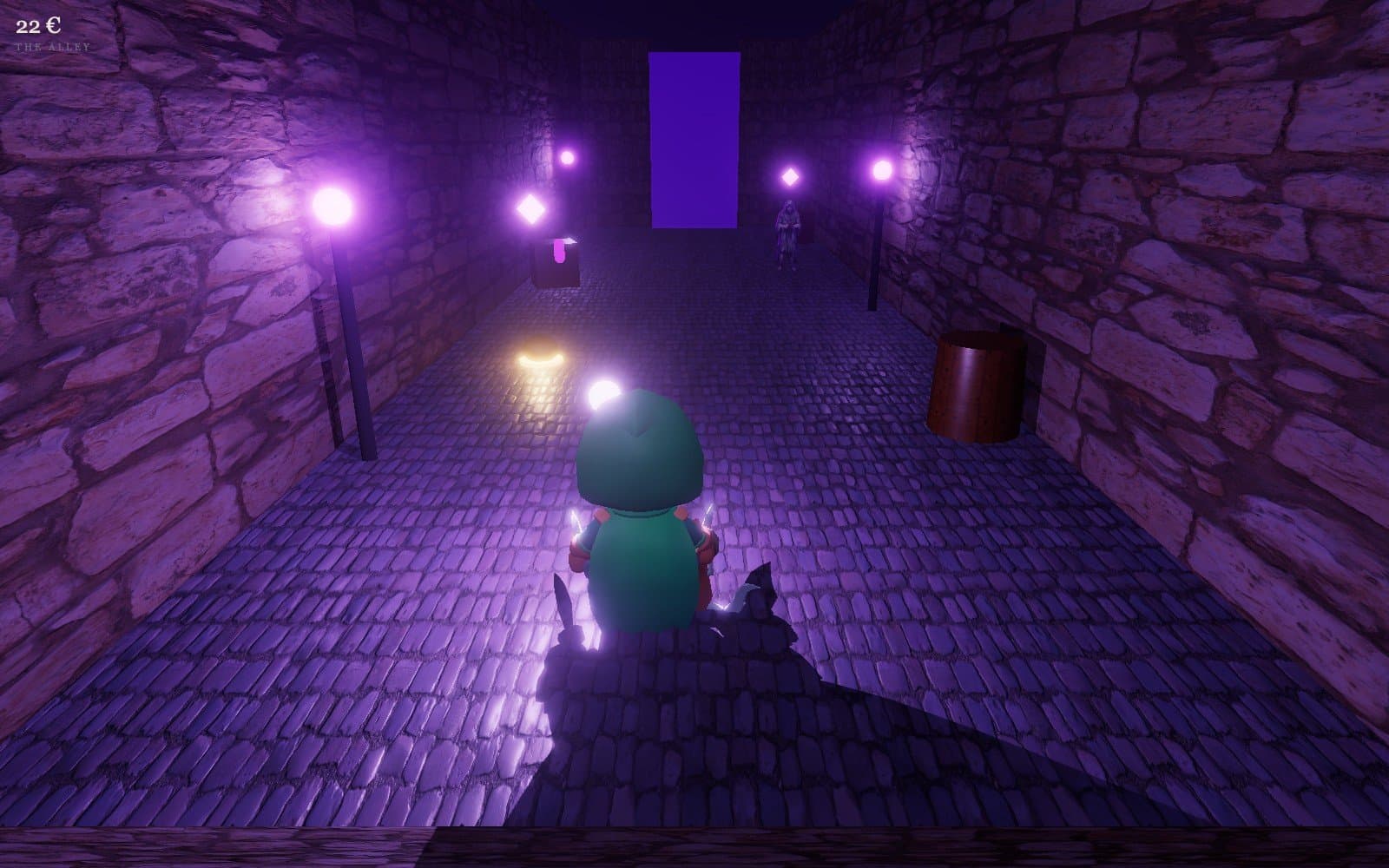 The Alley: the hooded hero under violet lanterns, a stranger waiting at the end of the street