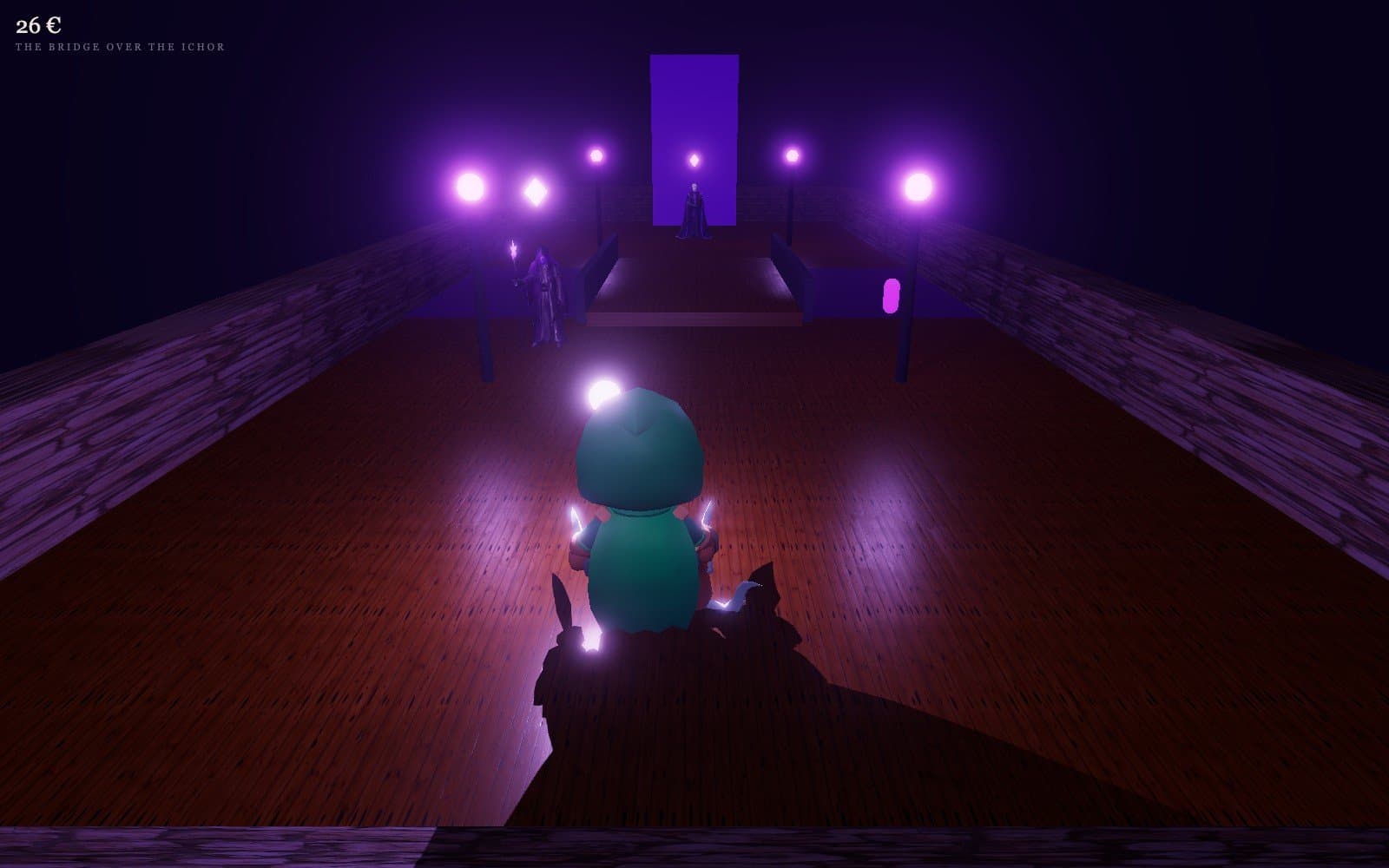 The Bridge over the Ichor: the toll-keeper with his torch, the masked buyer in the doorway