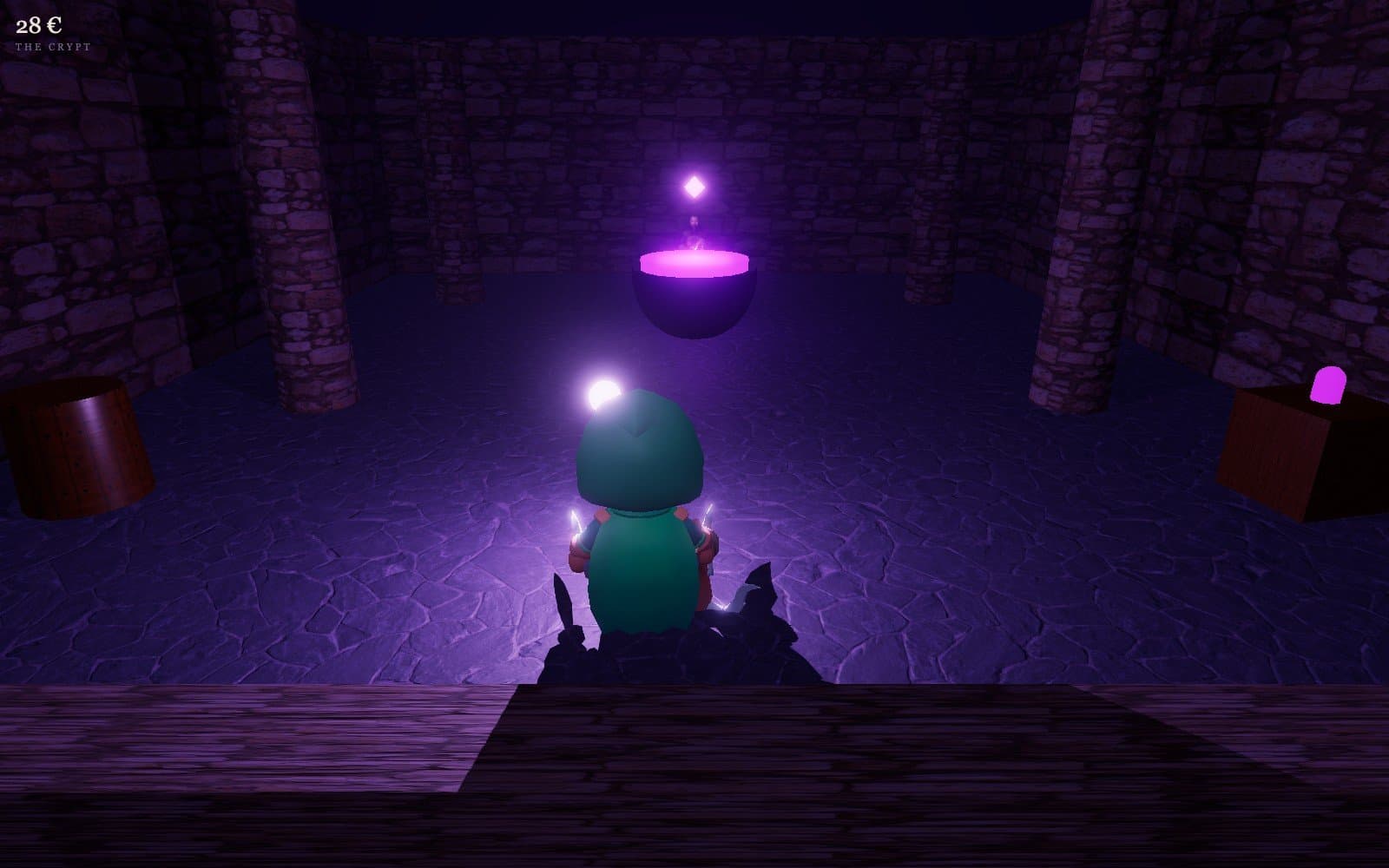 The Crypt: the great cauldron glowing, the Apothecary behind it